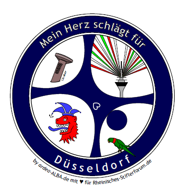 Düsseldorfer Siegel mit dem Radschläger, dem Uecker-Nagel am Kö-Bogen sowie dem illuminierten Fernsehturm und dem bergischen Löwen samt Narrenkappe für den Karneval. Und der freche Halsbandsittich darf nicht fehlen.